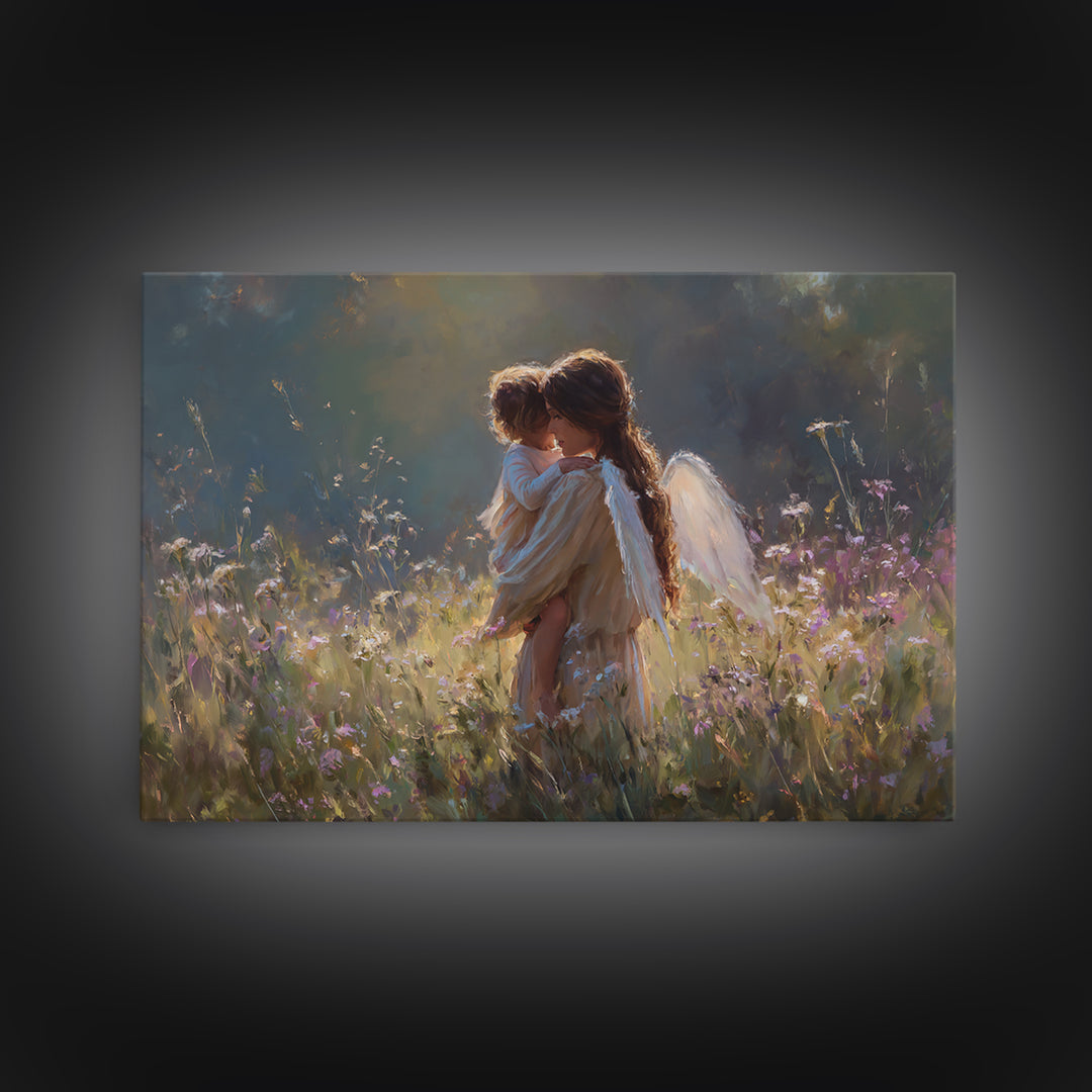Backlit Angel Mother And Child Wall Art, Moody Wildflower Canvas Print, Christian Nursery Decor, Guardian Angel Gift For Mom