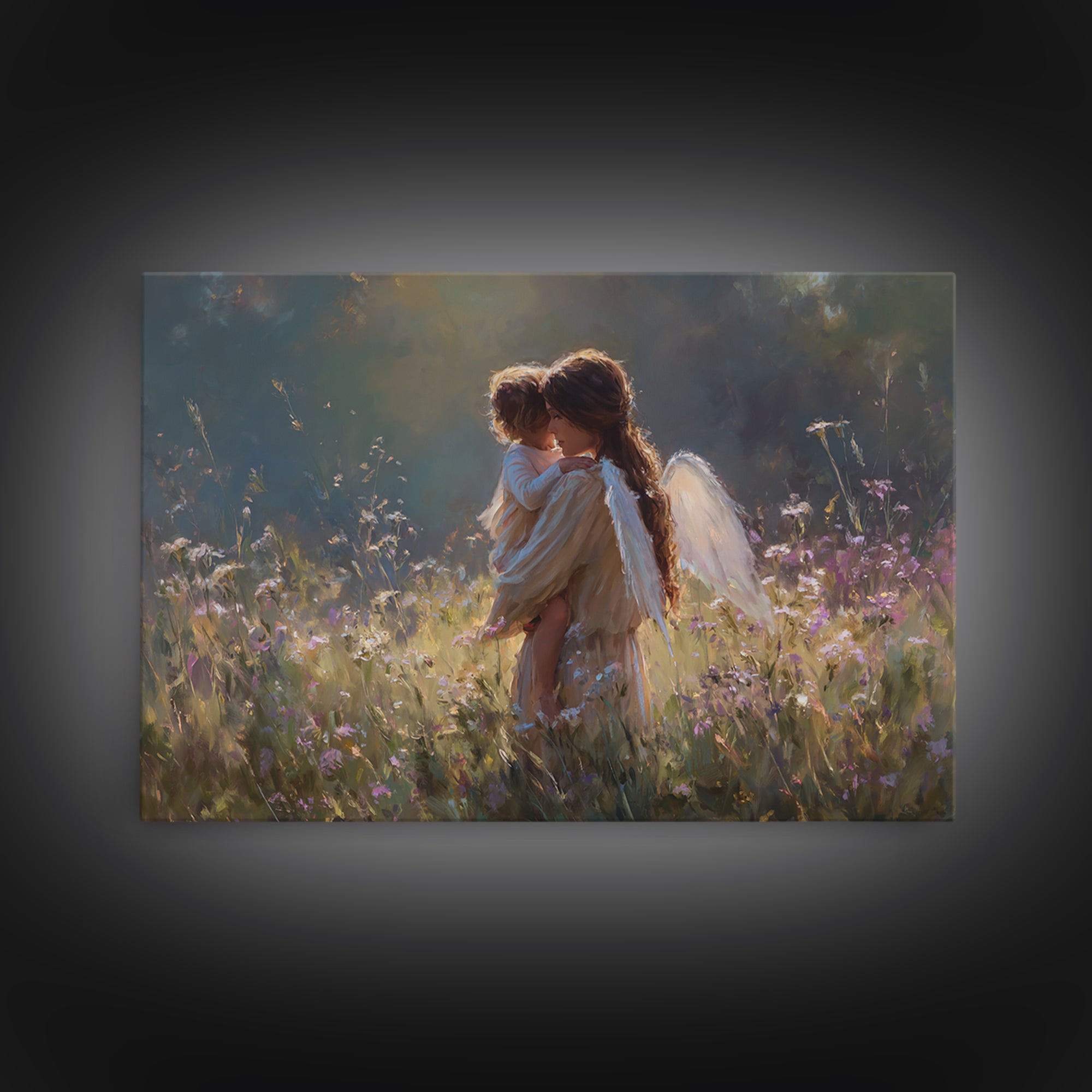 Backlit Angel Mother And Child Wall Art, Moody Wildflower Canvas Print, Christian Nursery Decor, Guardian Angel Gift For Mom