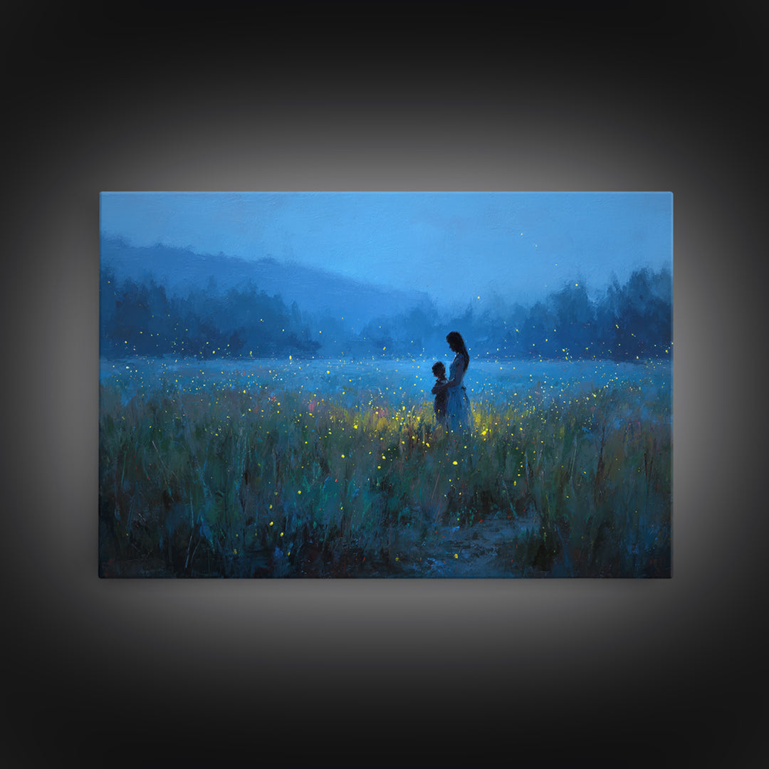 Blue Twilight Mother And Child Firefly Meadow Wall Art, Moody Landscape Canvas Print, Nursery Decor, Gift For Mom, Bedroom Wall Decor