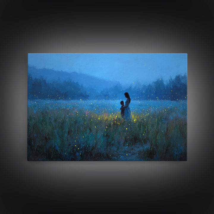 Blue Twilight Mother And Child Firefly Meadow Wall Art, Moody Landscape Canvas Print, Nursery Decor, Gift For Mom, Bedroom Wall Decor