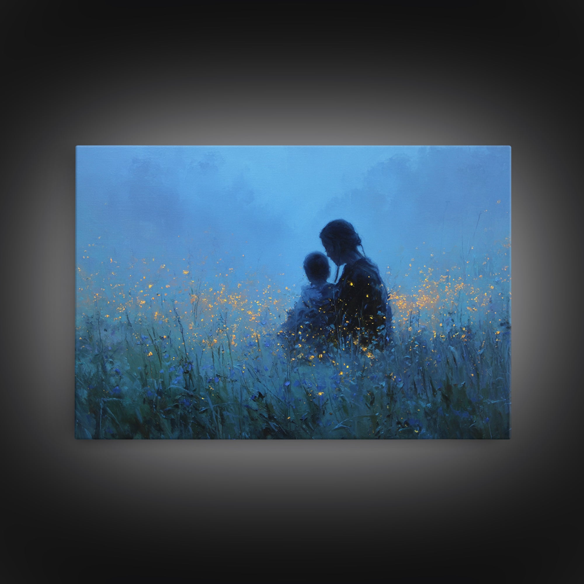 Mother And Baby In Blue Firefly Meadow Wall Art, Moody Nursery Canvas Print, Peaceful Bedroom Decor, Gift For Mom, Newborn Gift