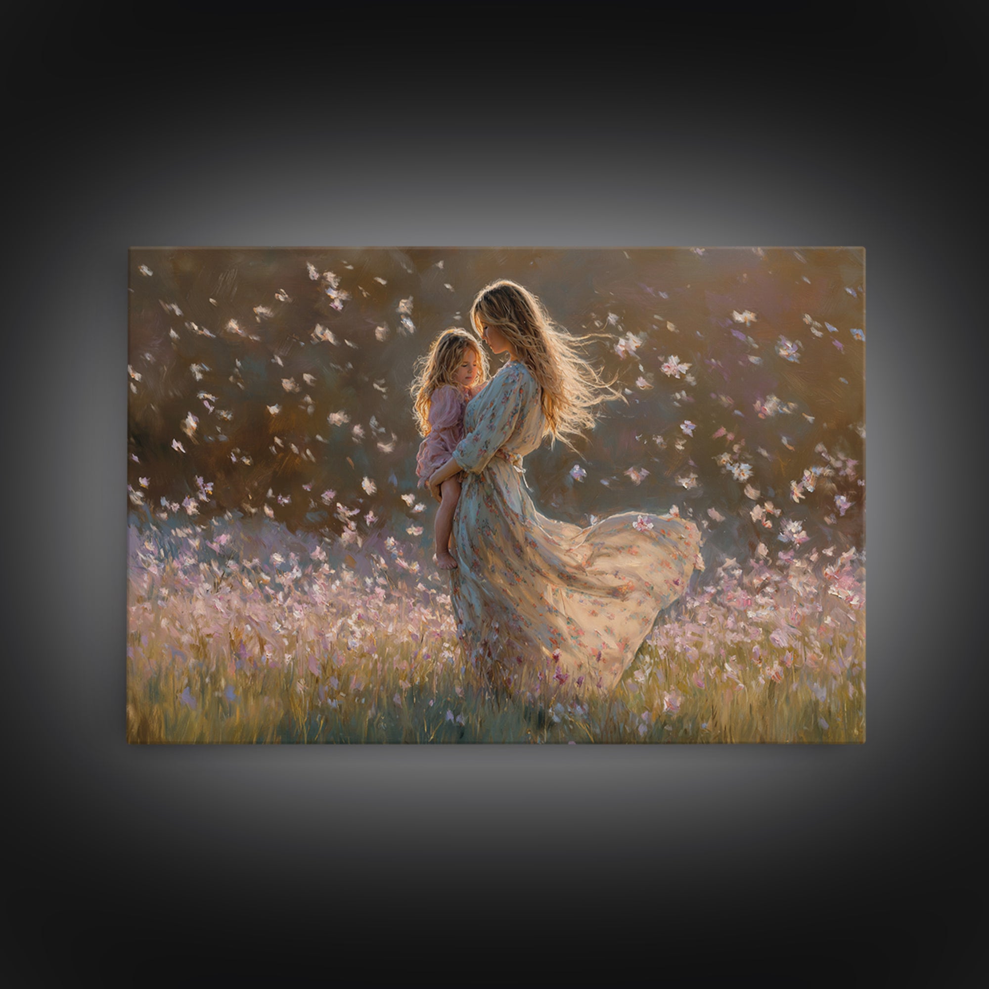 Sunlit Mother And Child Flower Field Canvas Print, Floral Wall Art, Feminine Bedroom Decor, Gift For Mom, Boho Home Decor