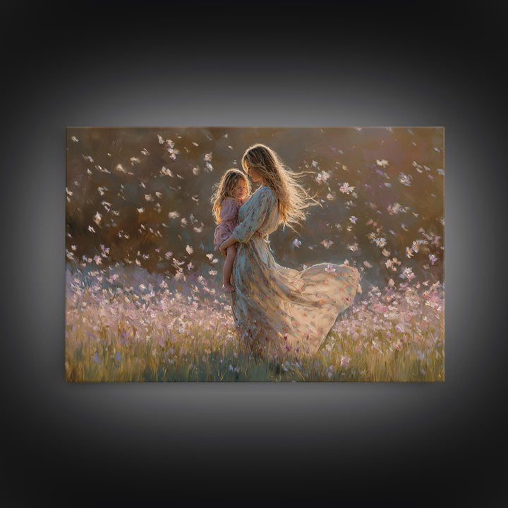 Sunlit Mother And Child Flower Field Canvas Print, Floral Wall Art, Feminine Bedroom Decor, Gift For Mom, Boho Home Decor