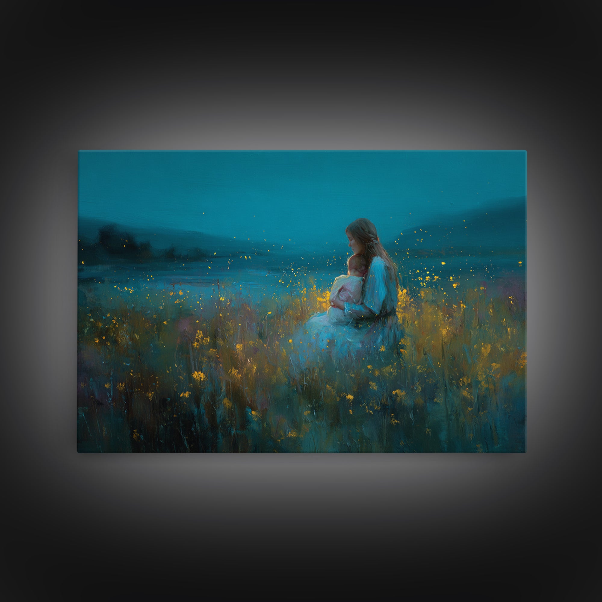 Twilight Mother And Baby In Firefly Meadow Wall Art, Floral Nursery Decor, Motherhood Gift, Living Room Art, Fine Art Print