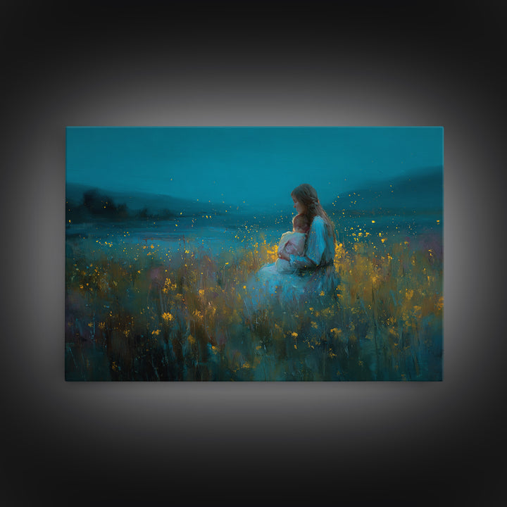 Twilight Mother And Baby In Firefly Meadow Wall Art, Floral Nursery Decor, Motherhood Gift, Living Room Art, Fine Art Print