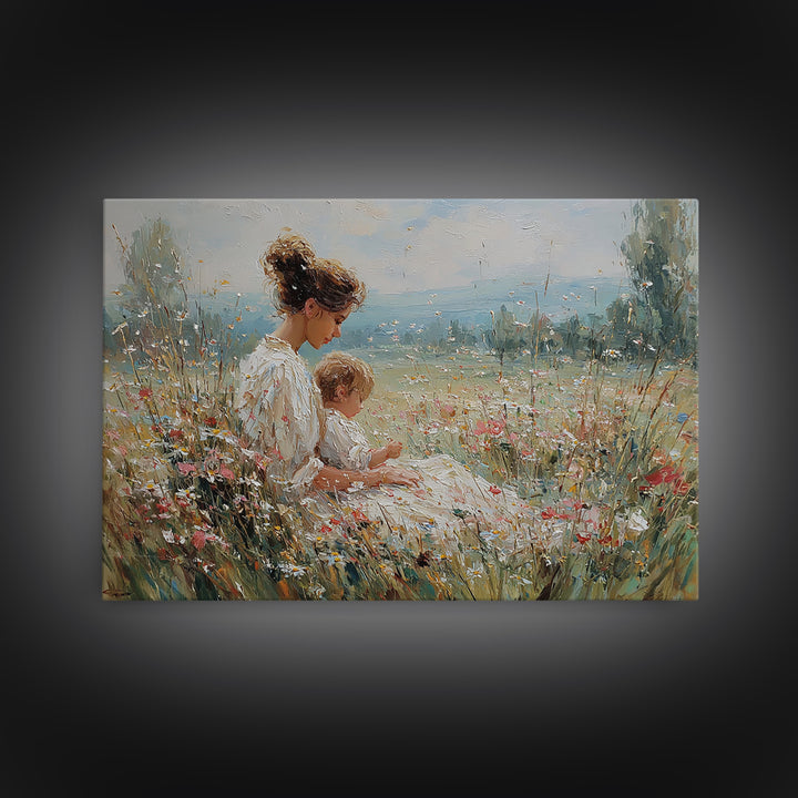 Seated Mother And Child In Sunlit Meadow Wall Art, Impressionist Floral Canvas, Nursery Decor, Housewarming Gift, Living Room Decor