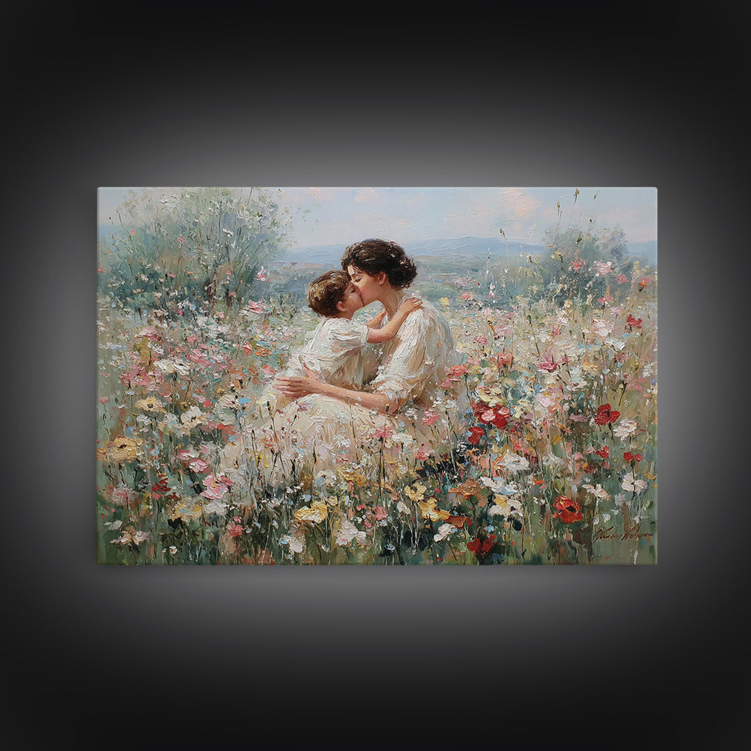 Mother Kissing Child In Romantic Wildflower Field Framed Canvas Print, Floral Wall Art, Feminine Decor, Gift For Her, Nursery Wall Art