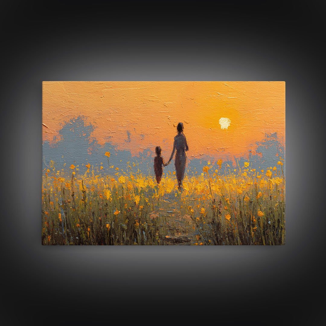 Sunset Silhouette Mother And Child In Yellow Field Wall Art, Warm Landscape Print, Nursery Decor, Above Bed Art, Gift For Her