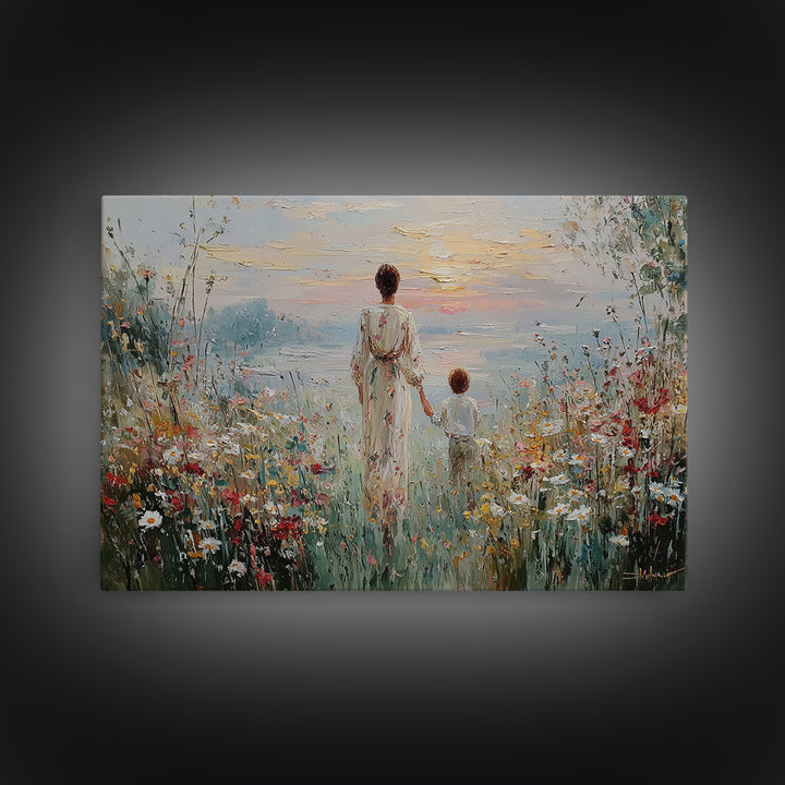 Mother And Child Walking To Lake At Sunset Framed Canvas Print, Wildflower Wall Art, Coastal Decor, Housewarming Gift, Living Room Art