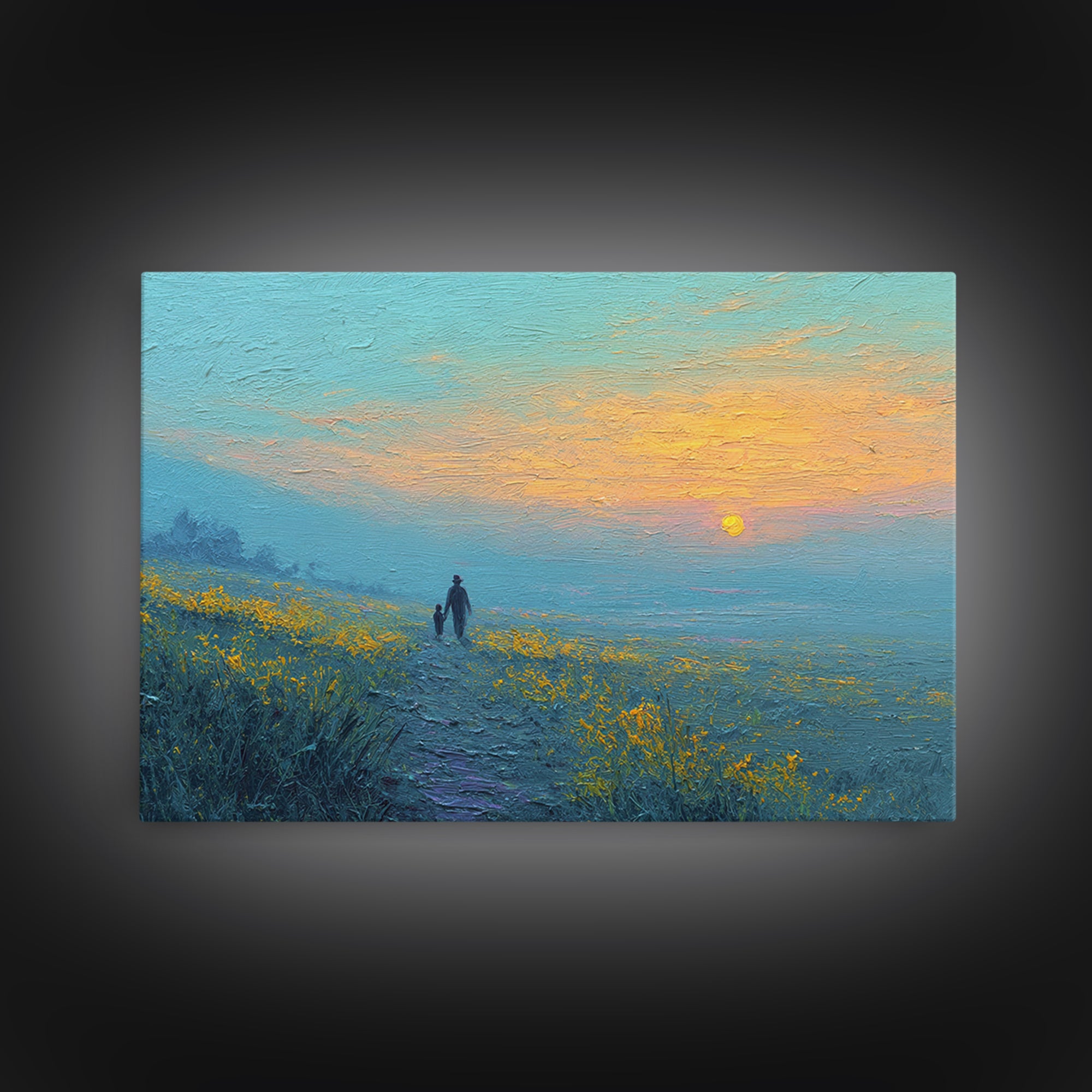 Parent And Child Sunset Path Canvas Print, Blue Yellow Wildflower Meadow Landscape, Calming Wall Art, Gift For Mom, Living Room Decor