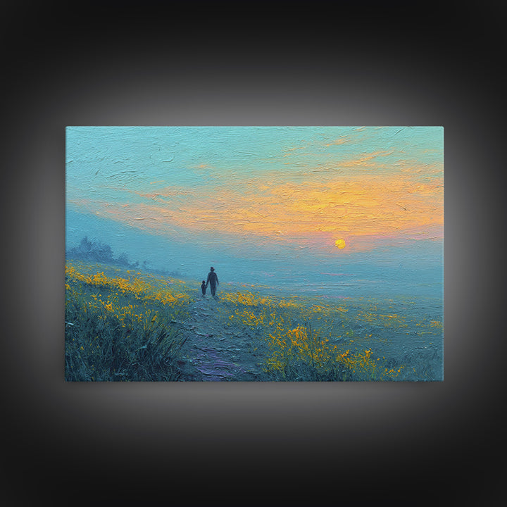 Parent And Child Sunset Path Canvas Print, Blue Yellow Wildflower Meadow Landscape, Calming Wall Art, Gift For Mom, Living Room Decor