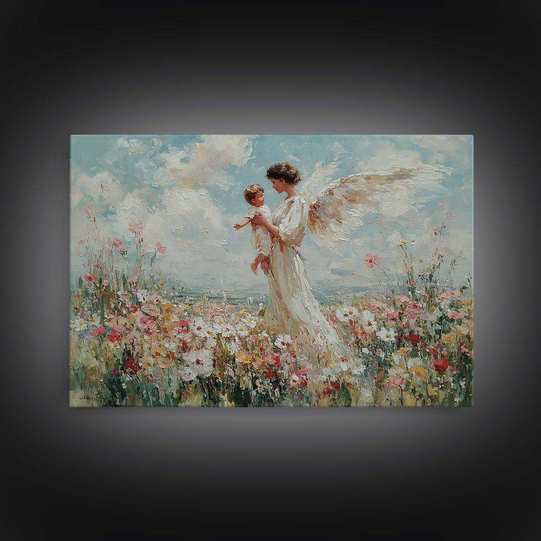Guardian Angel Holding Child Framed Canvas Print, Heavenly Wildflower Meadow Painting, Christian Wall Art, Nursery Decor Gift