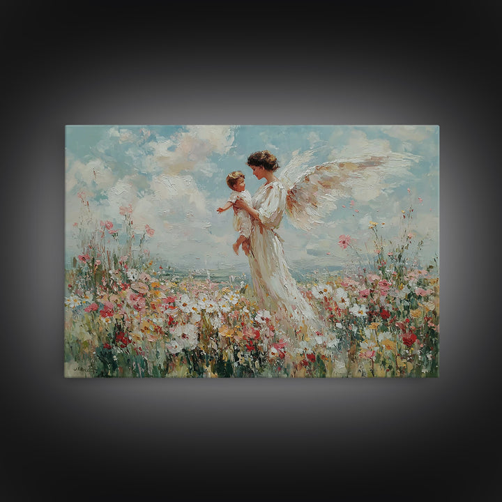 Guardian Angel Holding Child Framed Canvas Print, Heavenly Wildflower Meadow Painting, Christian Wall Art, Nursery Decor Gift