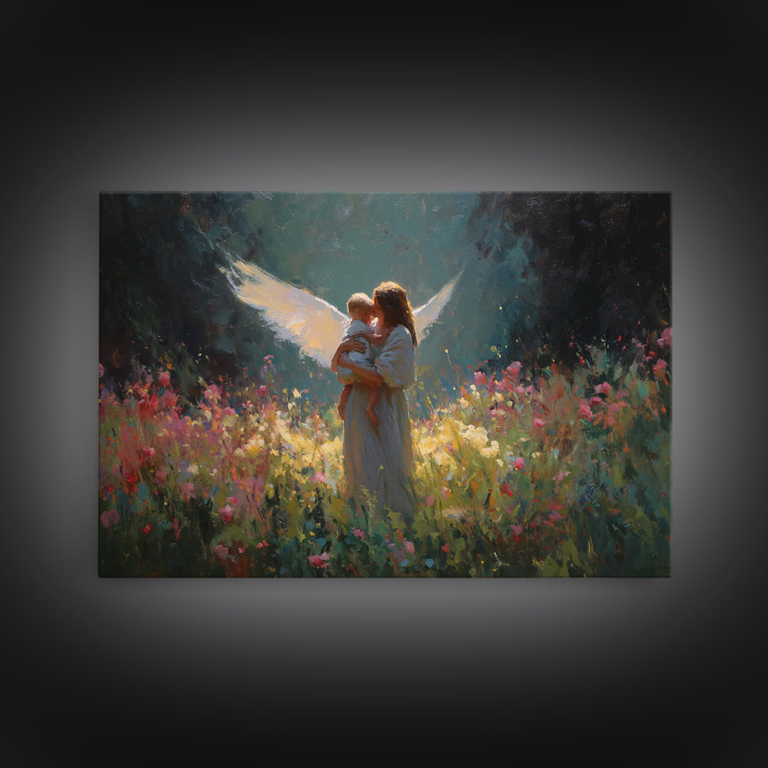 Glowing Guardian Angel And Child Wall Art, Dark Floral Meadow Painting, Christian Nursery Decor, Spiritual Gift For Mom, Home Decor