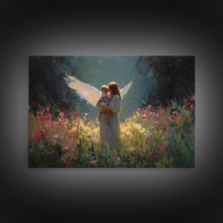 Glowing Guardian Angel And Child Wall Art, Dark Floral Meadow Painting, Christian Nursery Decor, Spiritual Gift For Mom, Home Decor