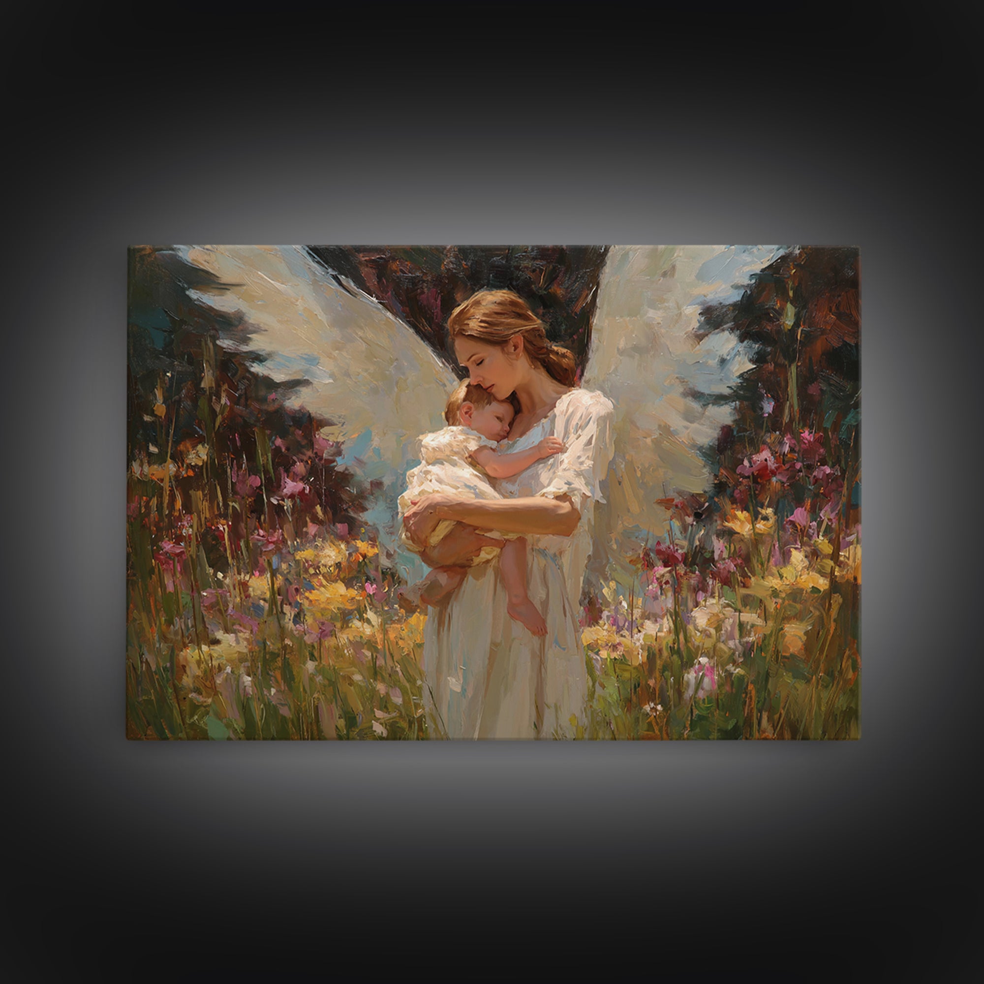 Angel Mother Cradling Baby In Garden Canvas Print, Soft White Wings Floral Painting, Christian Nursery Wall Art, Gift For Mom