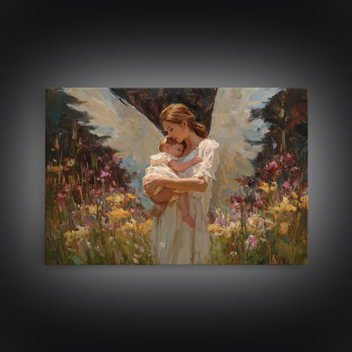 Angel Mother Cradling Baby In Garden Canvas Print, Soft White Wings Floral Painting, Christian Nursery Wall Art, Gift For Mom