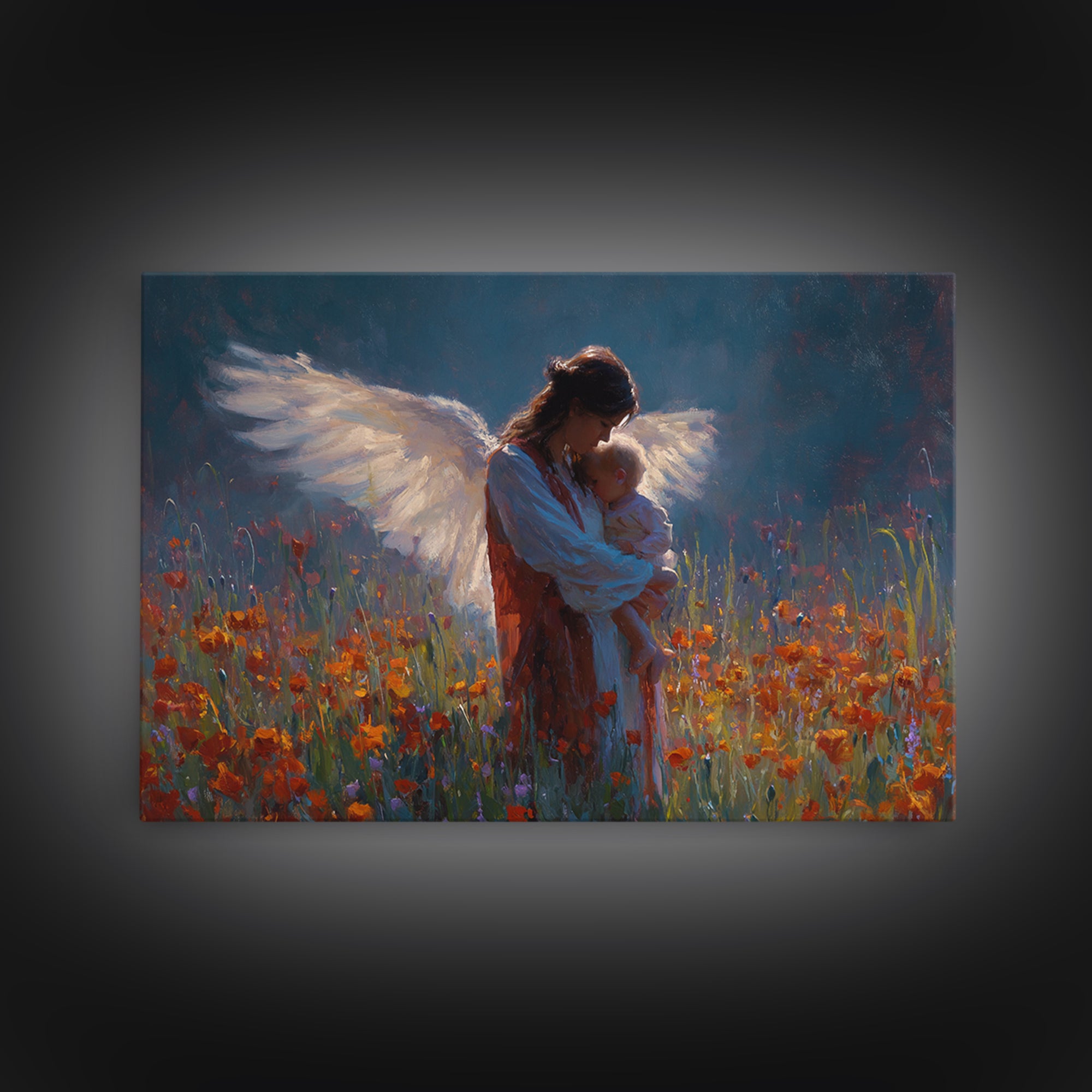 Angel Mother Holding Baby In Poppy Meadow Wall Art, Dark Blue Floral Painting, Christian Nursery Decor, Spiritual Gift For Mom