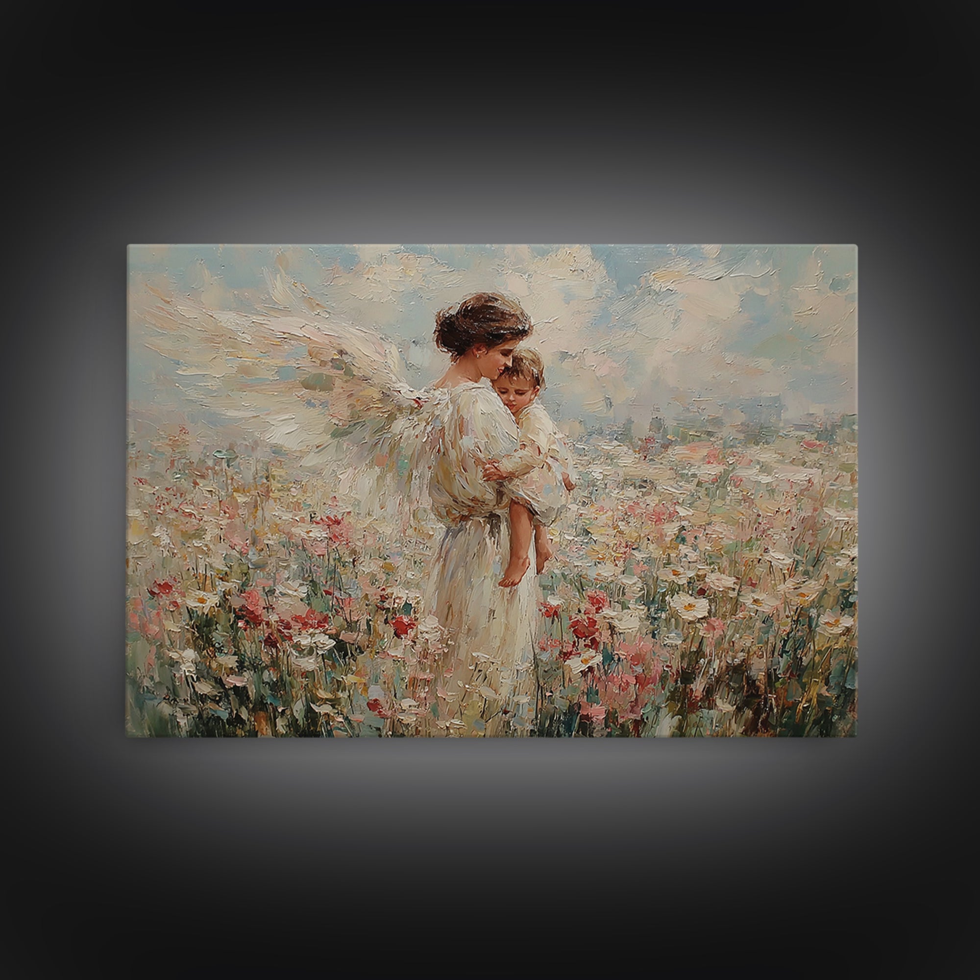 Guardian Angel Mother And Child In Wildflower Meadow Wall Art, Impressionist Oil Painting, Nursery Decor, Gift For Mom, Baby Shower Gift