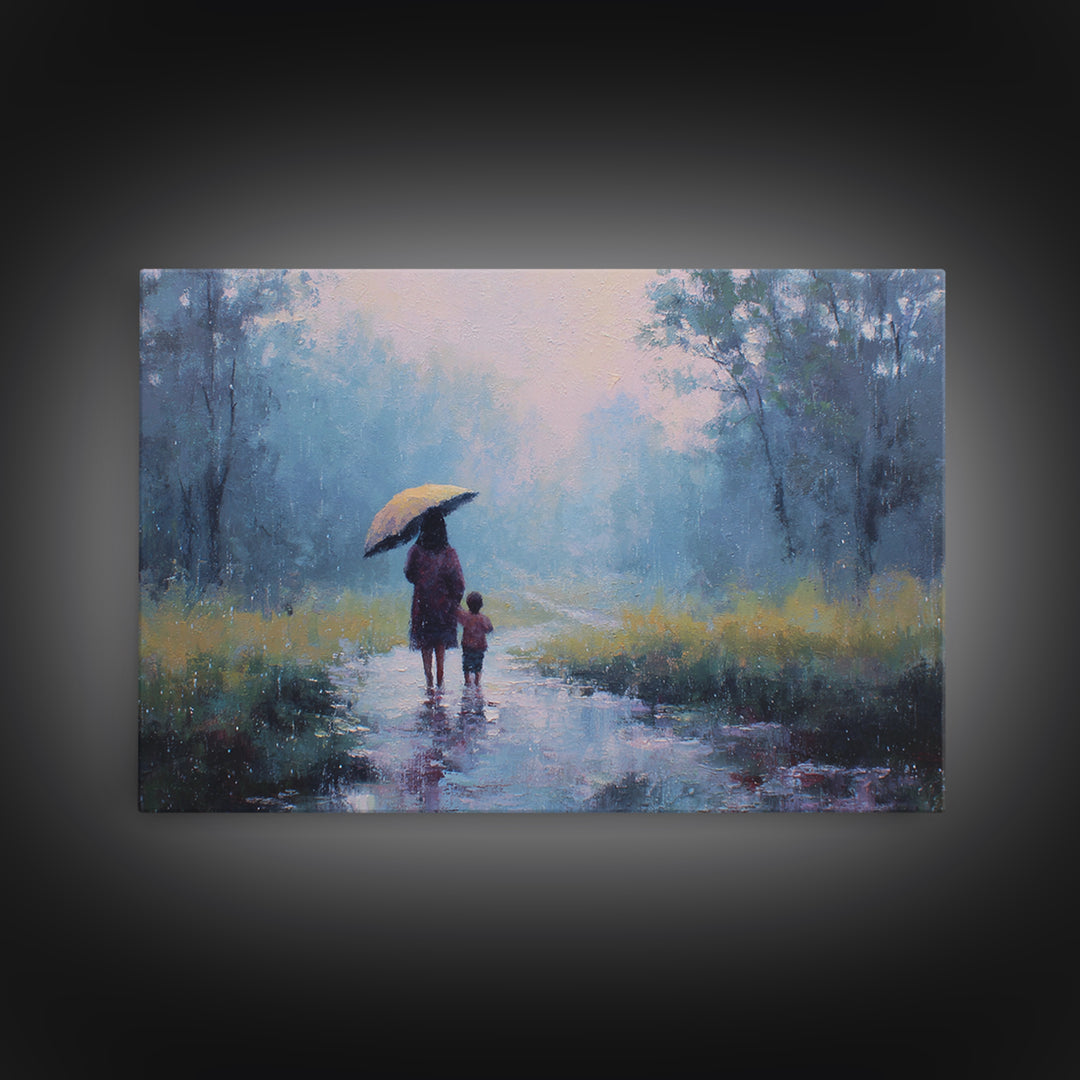 Mother And Child Walking In Rainy Blue Forest Wall Art, Impressionist Landscape Painting, Calming Bedroom Decor, Gift For Her