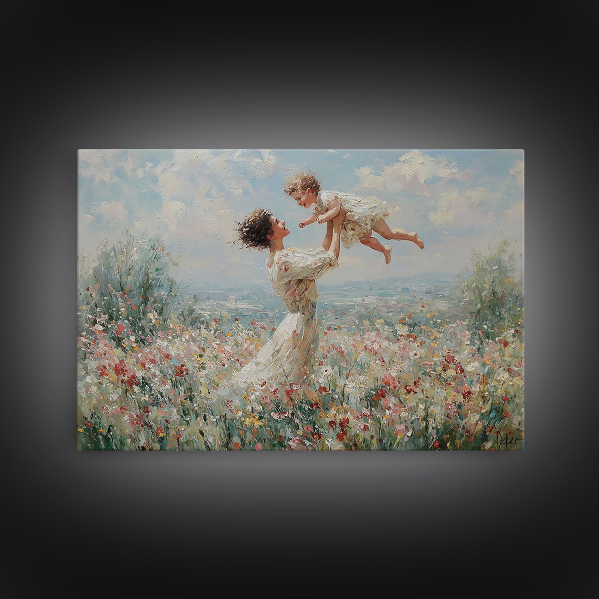 Mother Lifting Baby In Soft Floral Meadow Wall Art, Impressionist Oil Painting, Feminine Nursery Decor, Baby Shower Gift