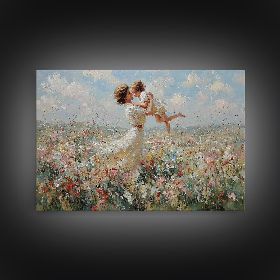 Mother Holding Baby In Breezy White Dress Wall Art, Soft Wildflower Meadow Oil Painting, Feminine Nursery Decor, Gift For Mom