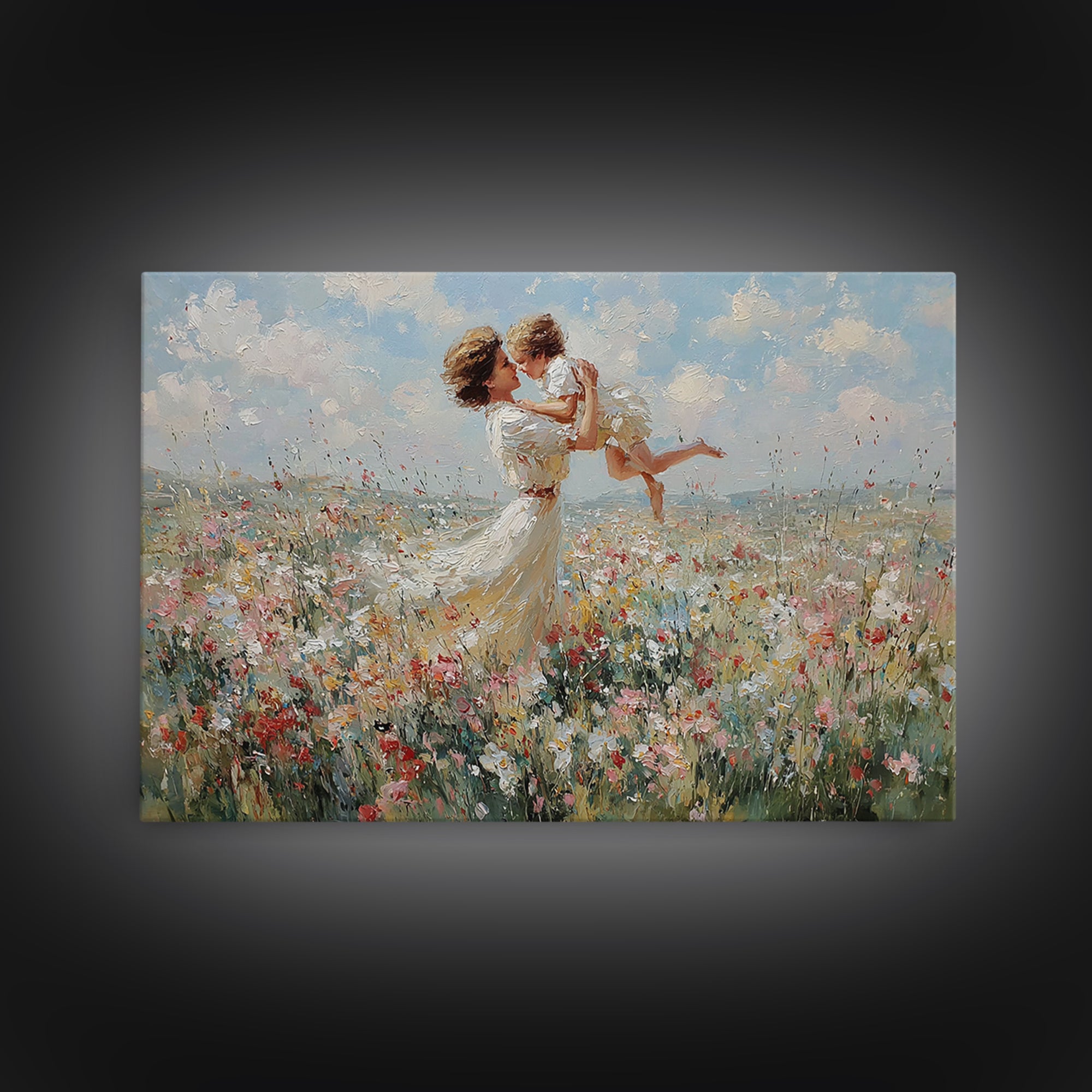 Mother Holding Baby In Breezy White Dress Wall Art, Soft Wildflower Meadow Oil Painting, Feminine Nursery Decor, Gift For Mom