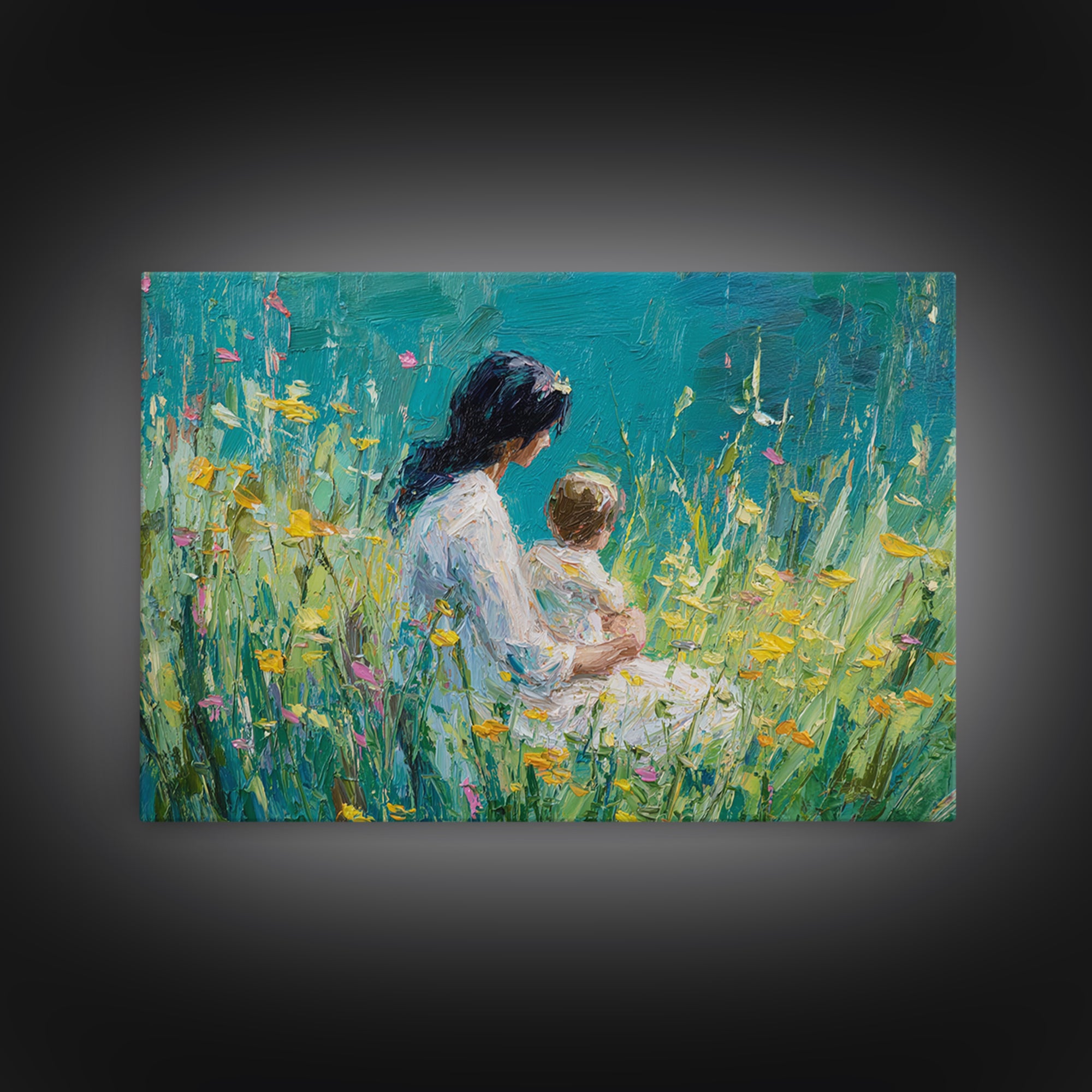 Mother Holding Baby In Teal Wildflower Garden Canvas Print, Impressionist Floral Wall Decor, Nursery Art, Living Room Art, Gift For Mom