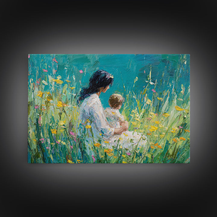 Mother Holding Baby In Teal Wildflower Garden Canvas Print, Impressionist Floral Wall Decor, Nursery Art, Living Room Art, Gift For Mom