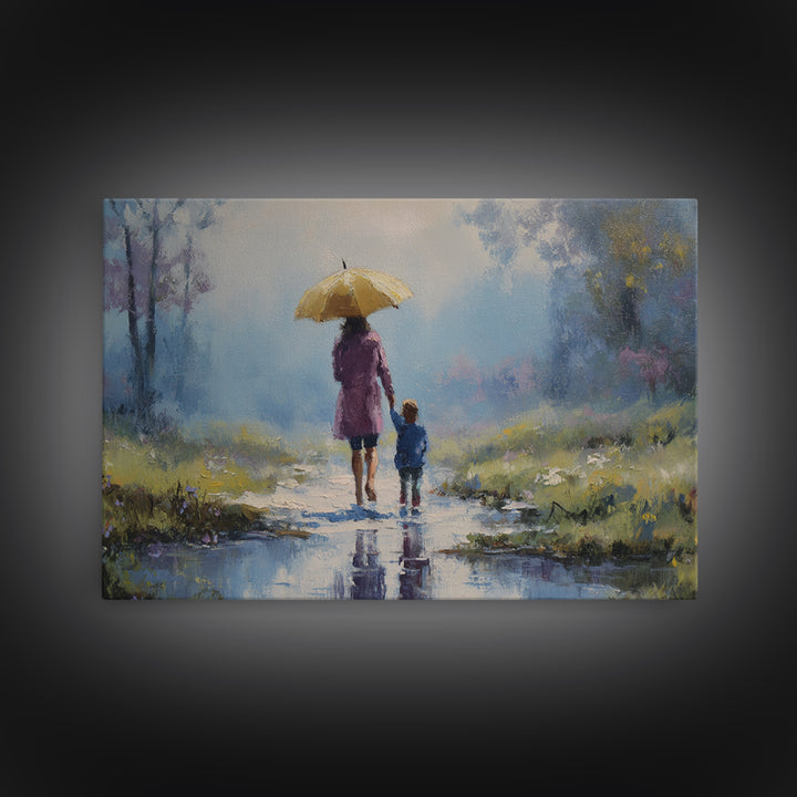 Mother And Child With Yellow Umbrella Rainy Path Canvas Print, Impressionist Landscape Art, Cozy Nursery And Bedroom Decor