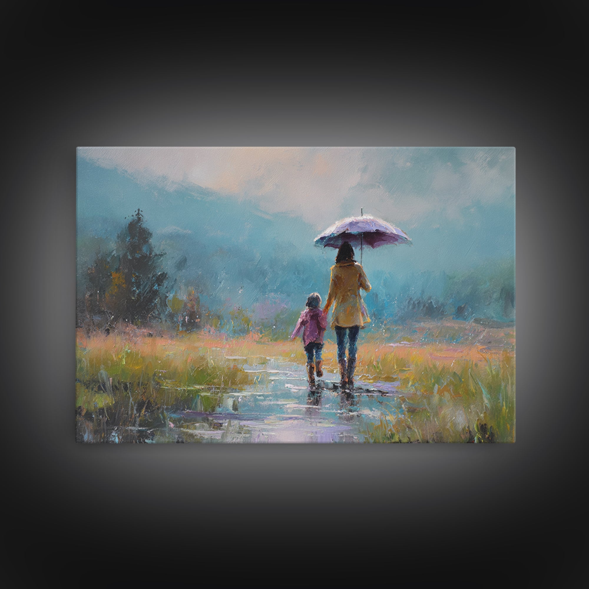 Mother And Child Walking With Umbrella Meadow Wall Art, Misty Mountain Landscape Print, Peaceful Nature Decor, Gift For Mom