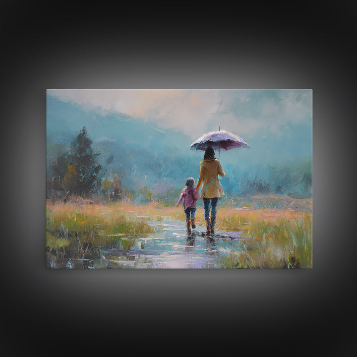 Mother And Child Walking With Umbrella Meadow Wall Art, Misty Mountain Landscape Print, Peaceful Nature Decor, Gift For Mom