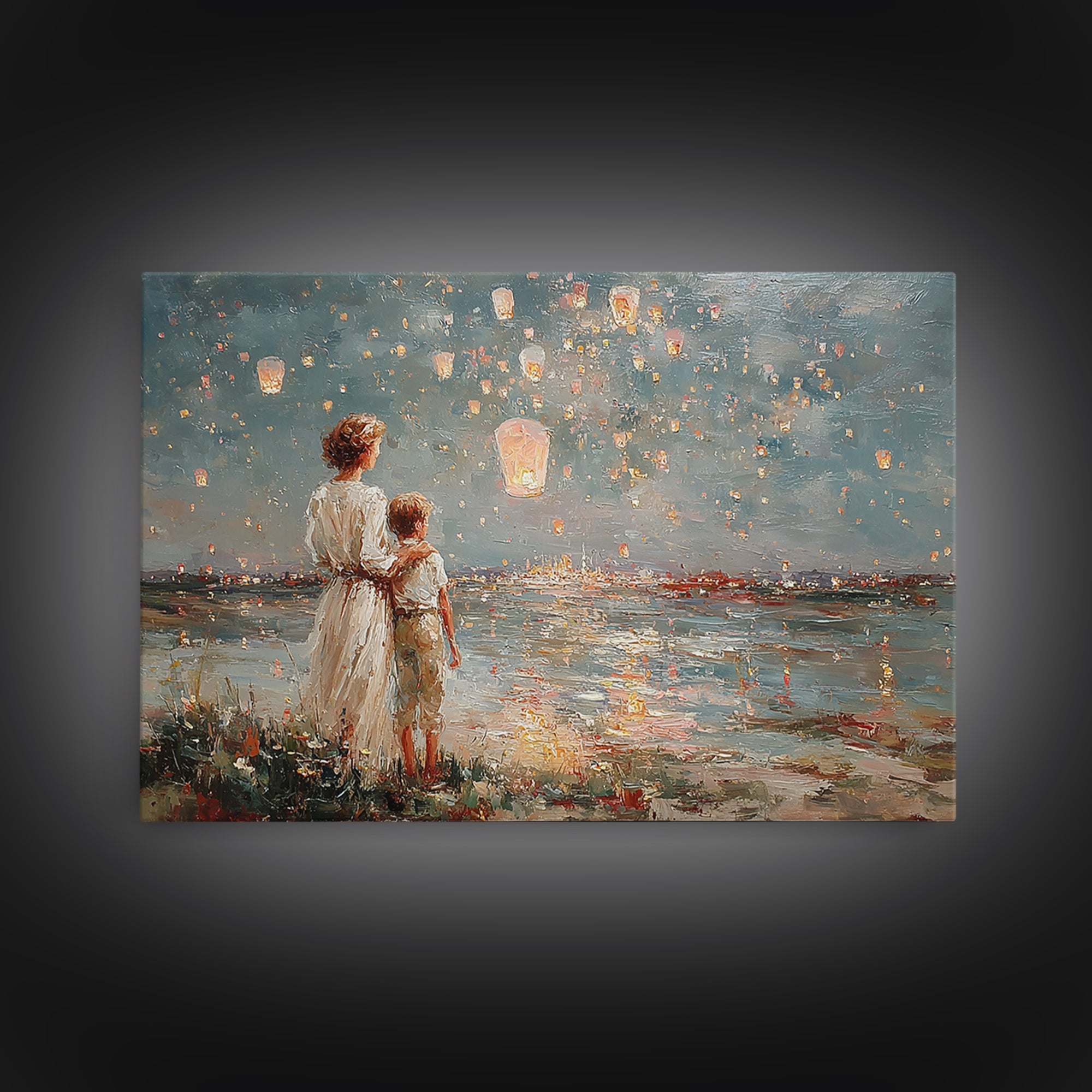 Mother And Son Watching Floating Lanterns Over Water Wall Art, Impressionist Night Lake Print, Romantic Coastal Home Decor
