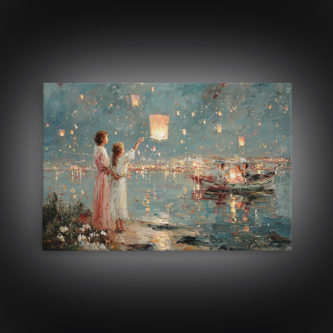 Mother And Daughter Releasing Sky Lanterns By Lake Canvas Print, Impressionist Coastal Night Art, Living Room Wall Decor