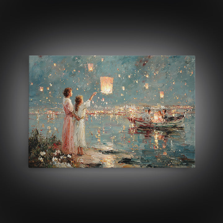 Mother And Daughter Releasing Sky Lanterns By Lake Canvas Print, Impressionist Coastal Night Art, Living Room Wall Decor