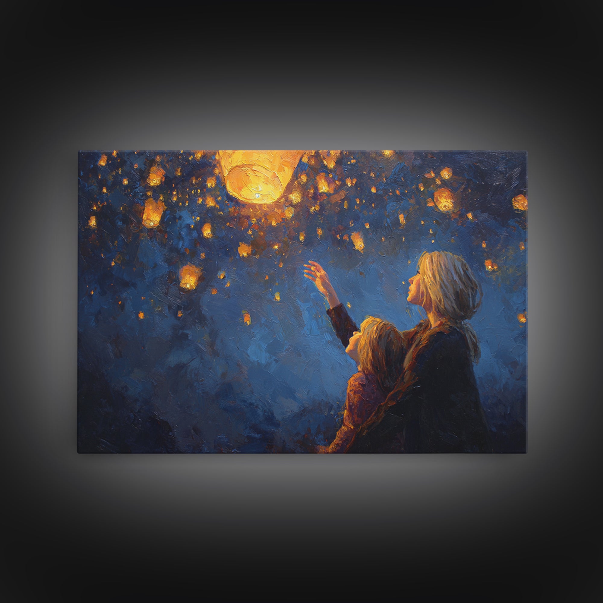 Mother And Child Reaching For Glowing Sky Lantern Canvas Print, Starry Night Wall Art, Celestial Nursery Decor, Gift For Mom