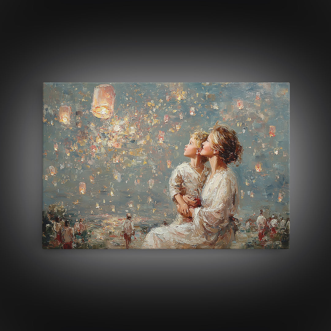 Mother And Child Lanterns By Water Framed Canvas Print, Impressionist Family Wall Art, Nursery Decor, Gift For Mom, Living Room Decor