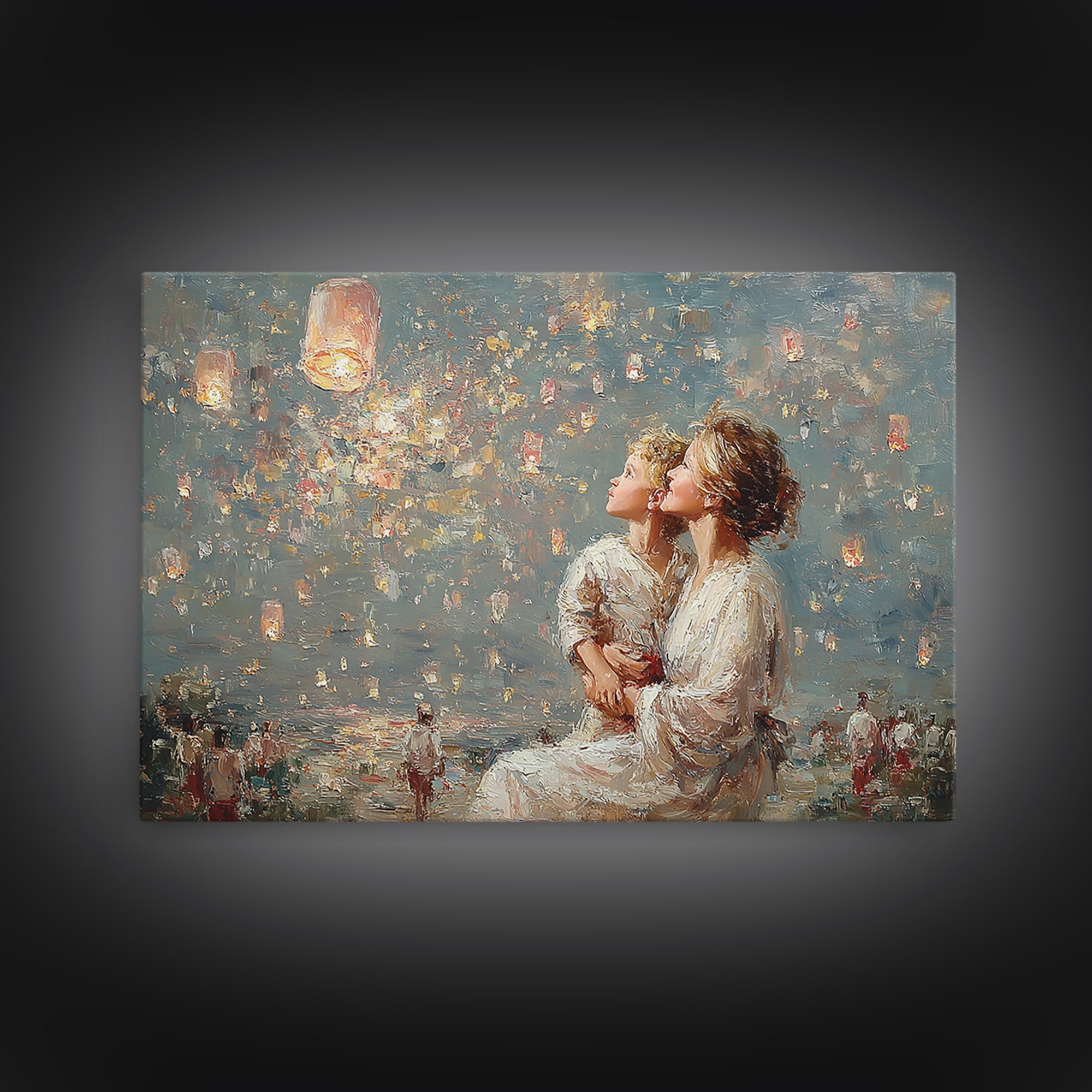 Mother And Child Lanterns By Water Framed Canvas Print, Impressionist Family Wall Art, Nursery Decor, Gift For Mom, Living Room Decor