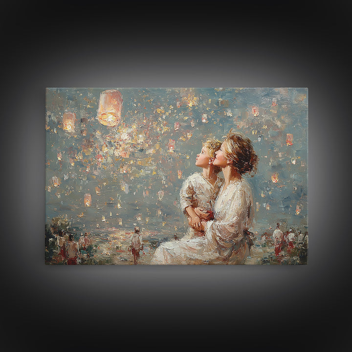 Mother And Child Lanterns By Water Framed Canvas Print, Impressionist Family Wall Art, Nursery Decor, Gift For Mom, Living Room Decor