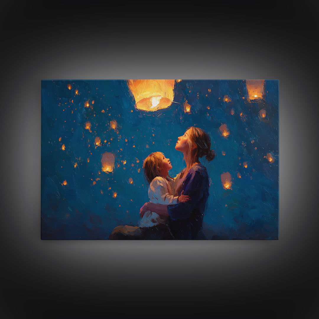 Mother And Child Sky Lanterns At Night Framed Canvas Print, Blue Celestial Wall Art, Nursery Decor, Gift For Mom, Bedroom Decor