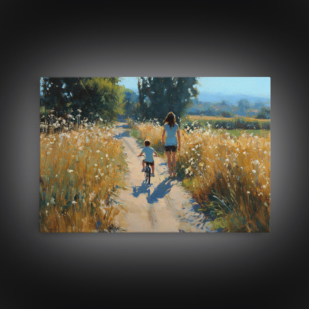 Mother And Child Bicycle Ride On Country Path Canvas Print, Golden Field Wall Art, Farmhouse Decor, Gift For Mom, Rustic Home Decor