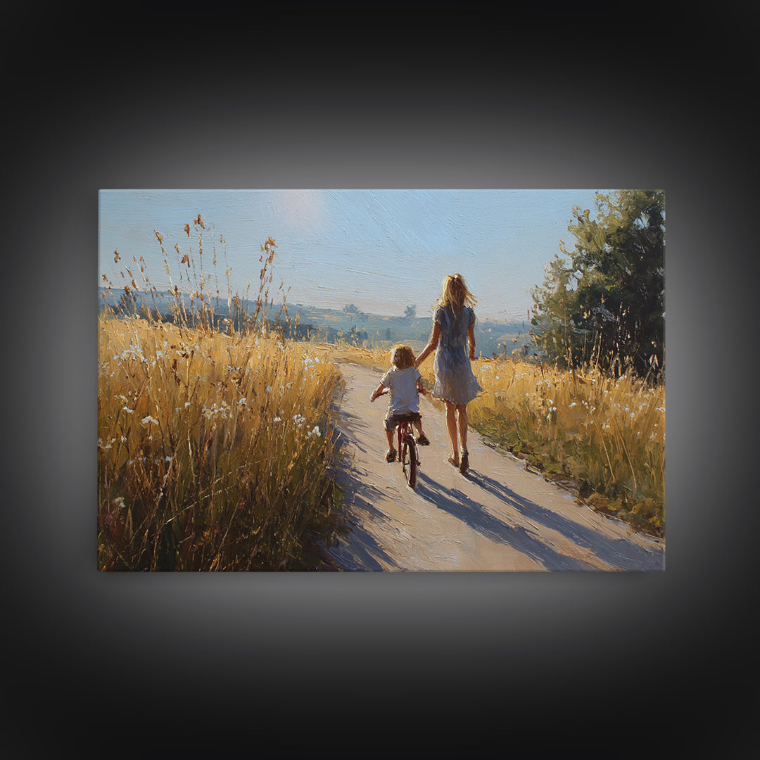 Mother And Child Bike Ride Through Wheat Fields Framed Canvas Print, Summer Landscape Wall Art, Gift For Mom, Home Decor
