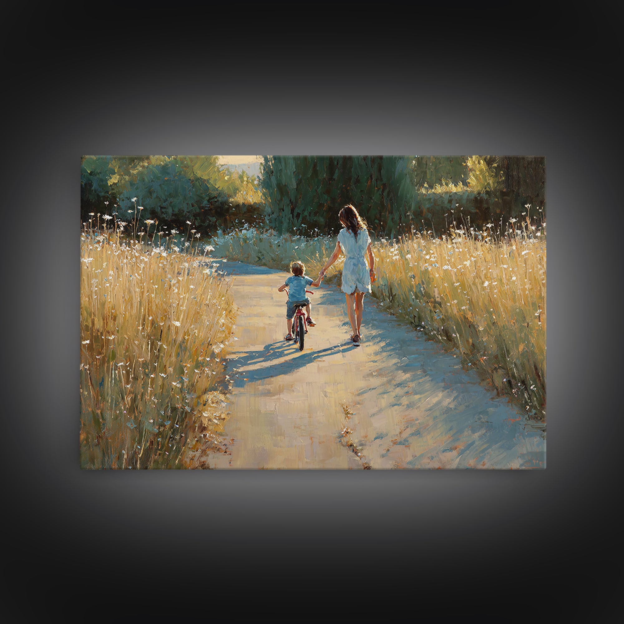 Mother Walking With Child On Bicycle Canvas Print, Golden Meadow Path Wall Art, Rustic Country Decor, Gift For Mom, Home Decor