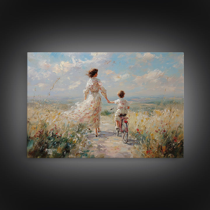 Mother And Child Cycling By Seaside Wildflowers Wall Art, Impressionist Coastal Canvas, Family Gift, Living Room Decor, Housewarming Gift