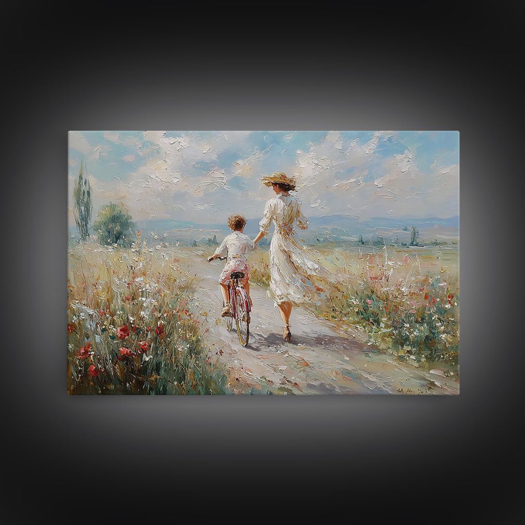Mother Walking Beside Child On Bicycle Canvas Print, Impressionist Meadow Landscape, Coastal Wall Decor, Gift For Her, Fine Art