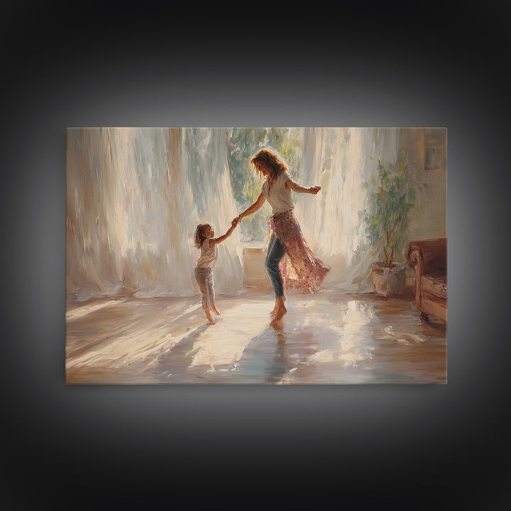 Sunlit Mother And Daughter Dancing Wall Art, Impressionist Family Painting, Feminine Bedroom Decor, Gift For Mom, Home Decor