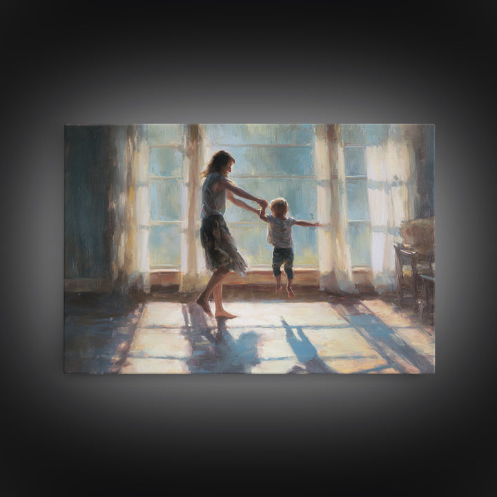 Mother Lifting Toddler In Sunlit Windows Framed Canvas Print, Impressionist Family Wall Decor, Nursery Art, Gift For Her