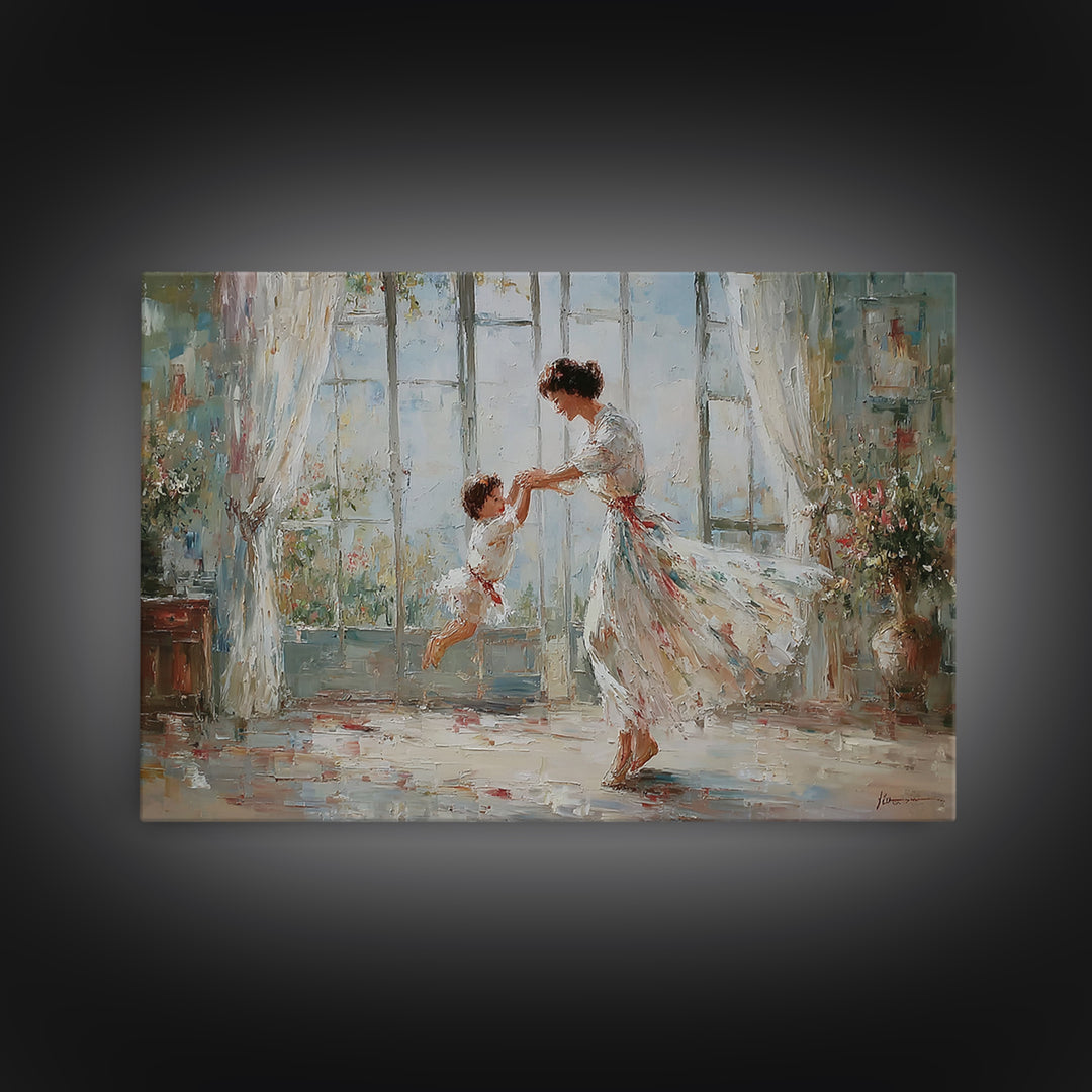 Mother And Child Dancing In Bright Floral Room Wall Art, Impressionist Family Painting, Feminine Decor, Gift For Her, Fine Art