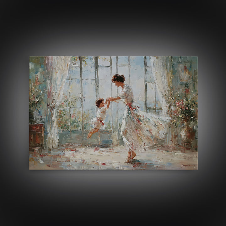 Mother And Child Dancing In Bright Floral Room Wall Art, Impressionist Family Painting, Feminine Decor, Gift For Her, Fine Art