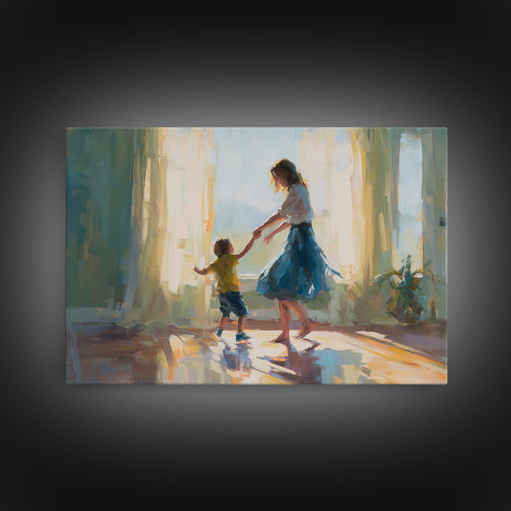 Mother Dancing With Little Boy In Sunlit Room Canvas Print, Impressionist Family Wall Decor, Bedroom Art, Gift For Mom, Home Decor